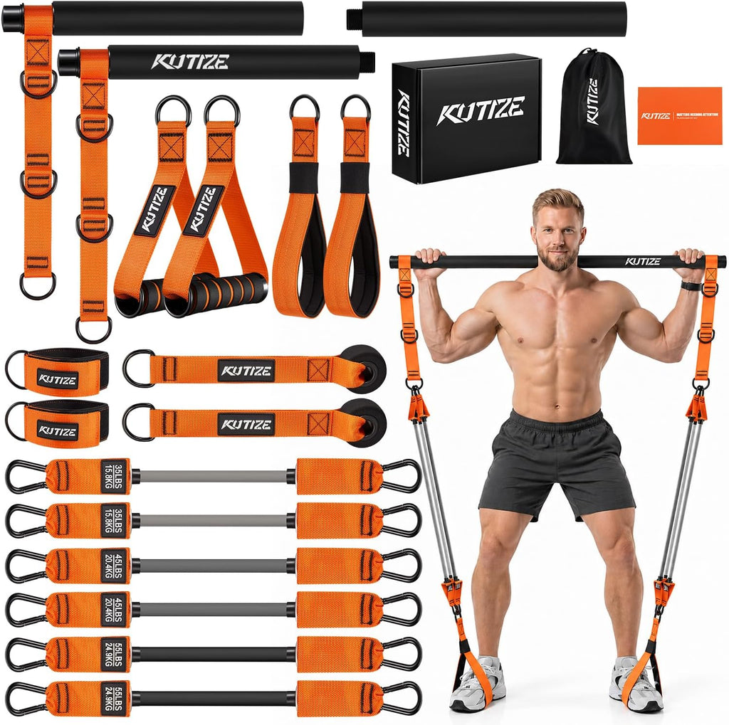 Kit de barra de pilates KUTIZE con bandas de resistencia, equipo de pilates de alta resistencia para hombres, bandas de entrenamiento con asas para piernas, cadera, espalda, brazo, abdominales, pecho