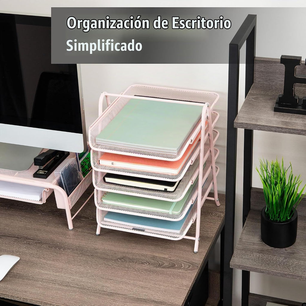 Mind Reader 5-Tier Paper Tray Organizer, Vertical Desktop File Storage Rack, Office, metal Mesh, Pink