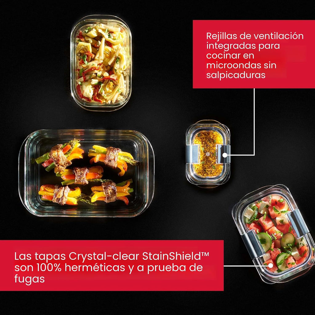 Rubbermaid Brilliance - Recipientes de vidrio para almacenamiento de alimentos, varios tamaños, juego de 9, sin BPA, a prueba de fugas, transparentes