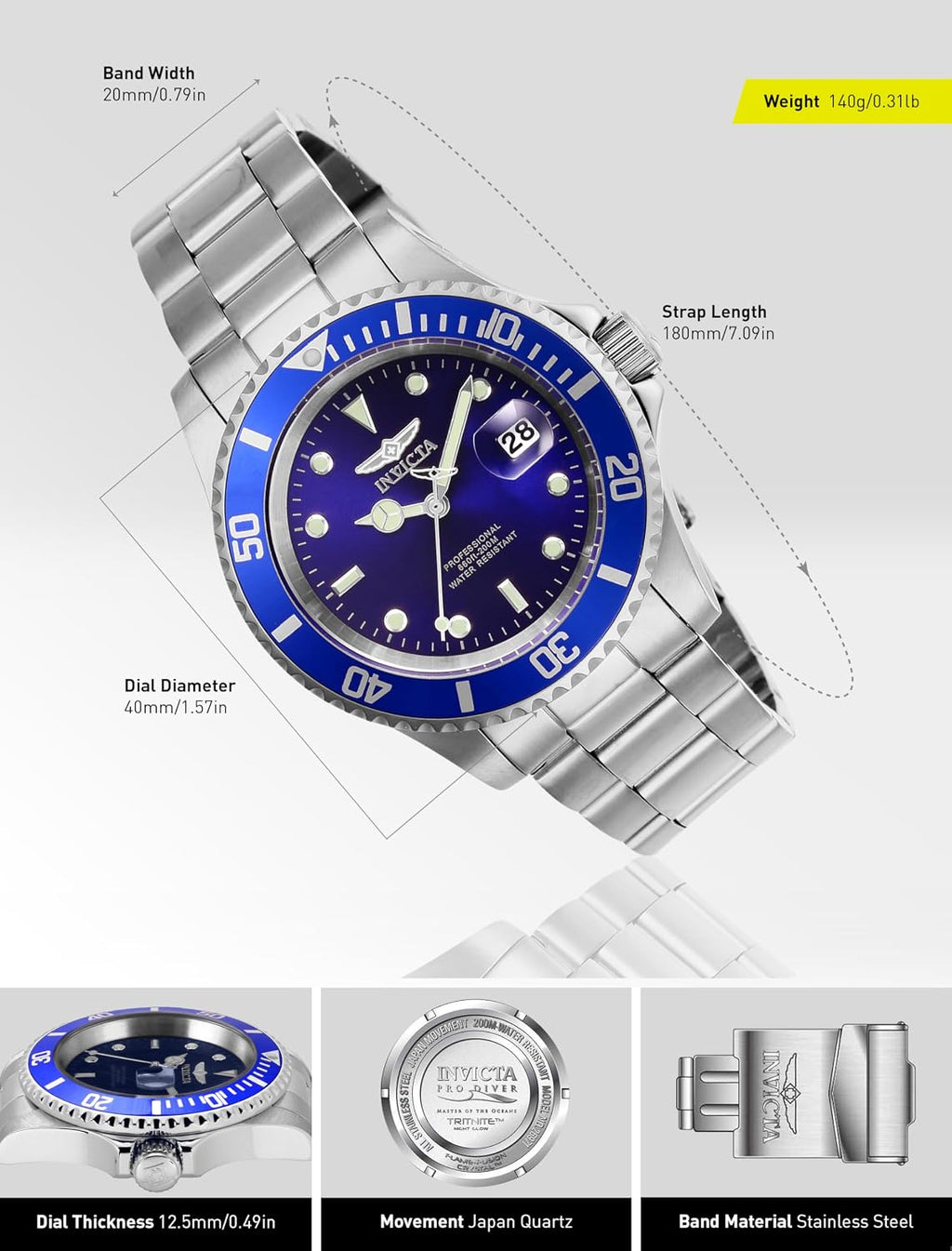 Invicta Reloj de cuarzo Pro Diver para hombre con correa de acero inoxidable