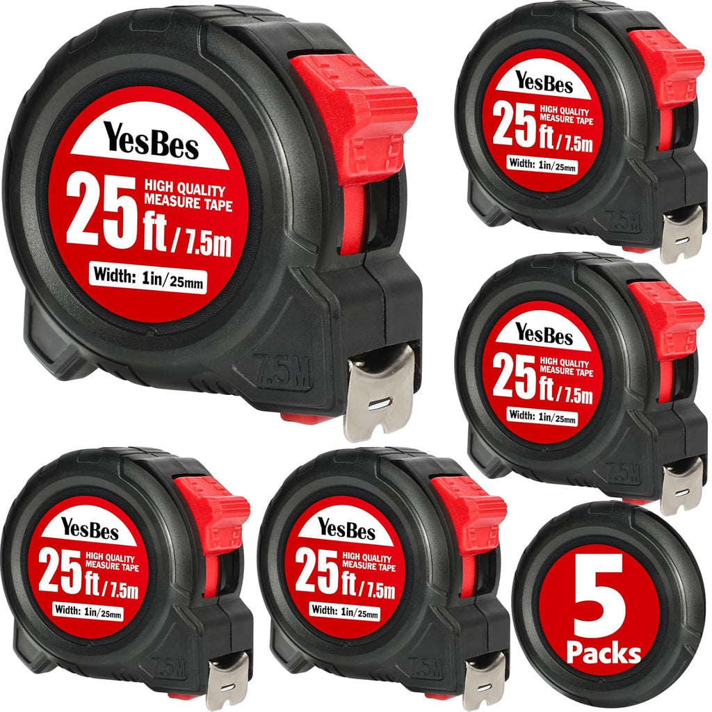 Cinta métrica 25 ft, 5 unidades en bulk, cinta de medición de lectura fácil, bobinado automático, retráctil de 1 pulgada de ancho x 25 ft