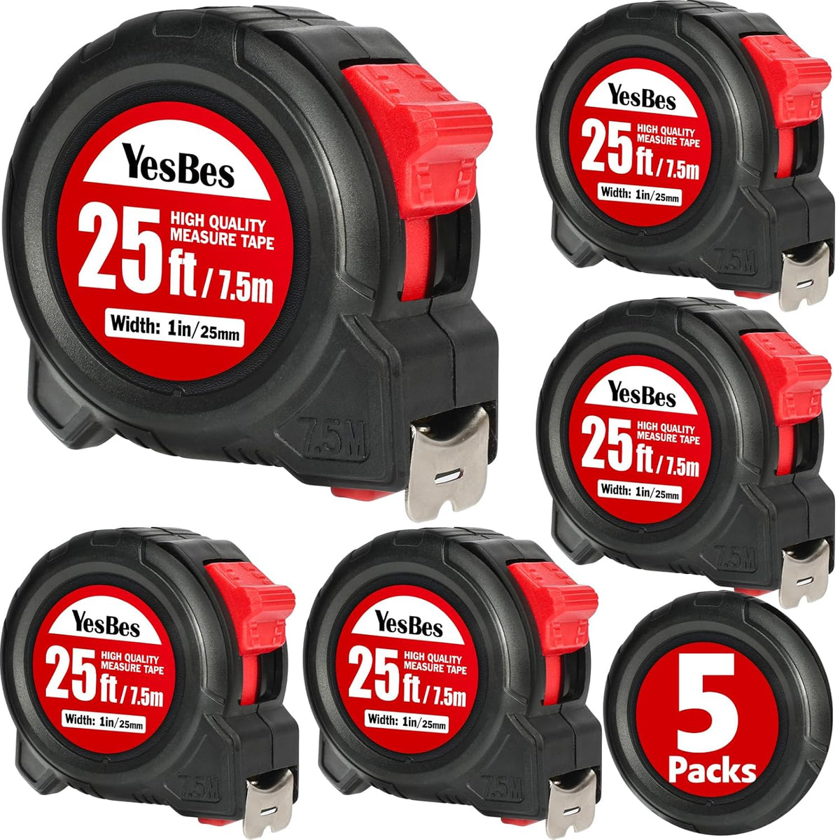 Cinta métrica 25 ft, 5 unidades en bulk, cinta de medición de lectura fácil, bobinado automático, retráctil de 1 pulgada de ancho x 25 ft