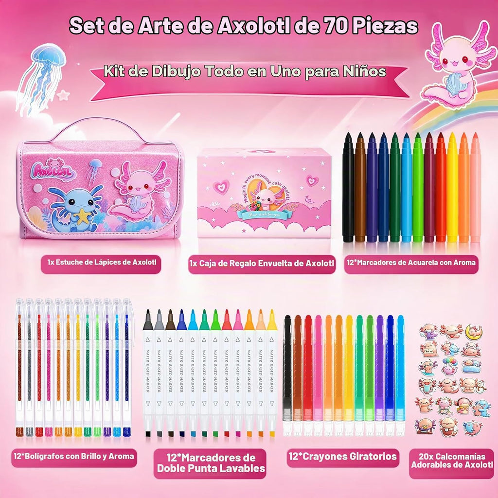 DreamyCandy Juego de 70 marcadores lavables para niños de 4 a 8 años, set de arte de ajolote