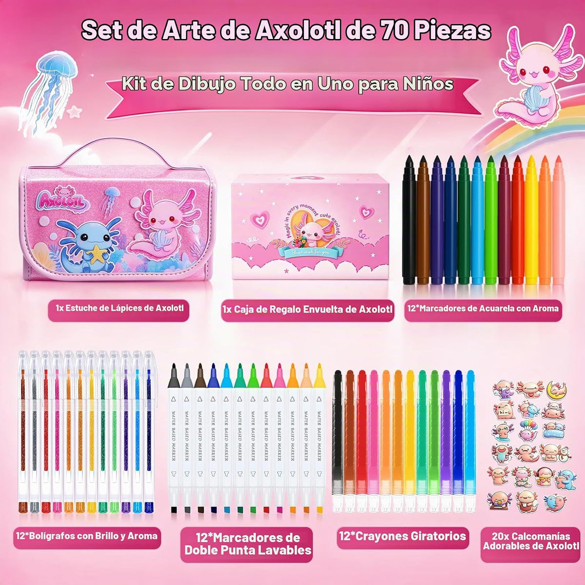 DreamyCandy Juego de 70 marcadores lavables para niños de 4 a 8 años, set de arte de ajolote