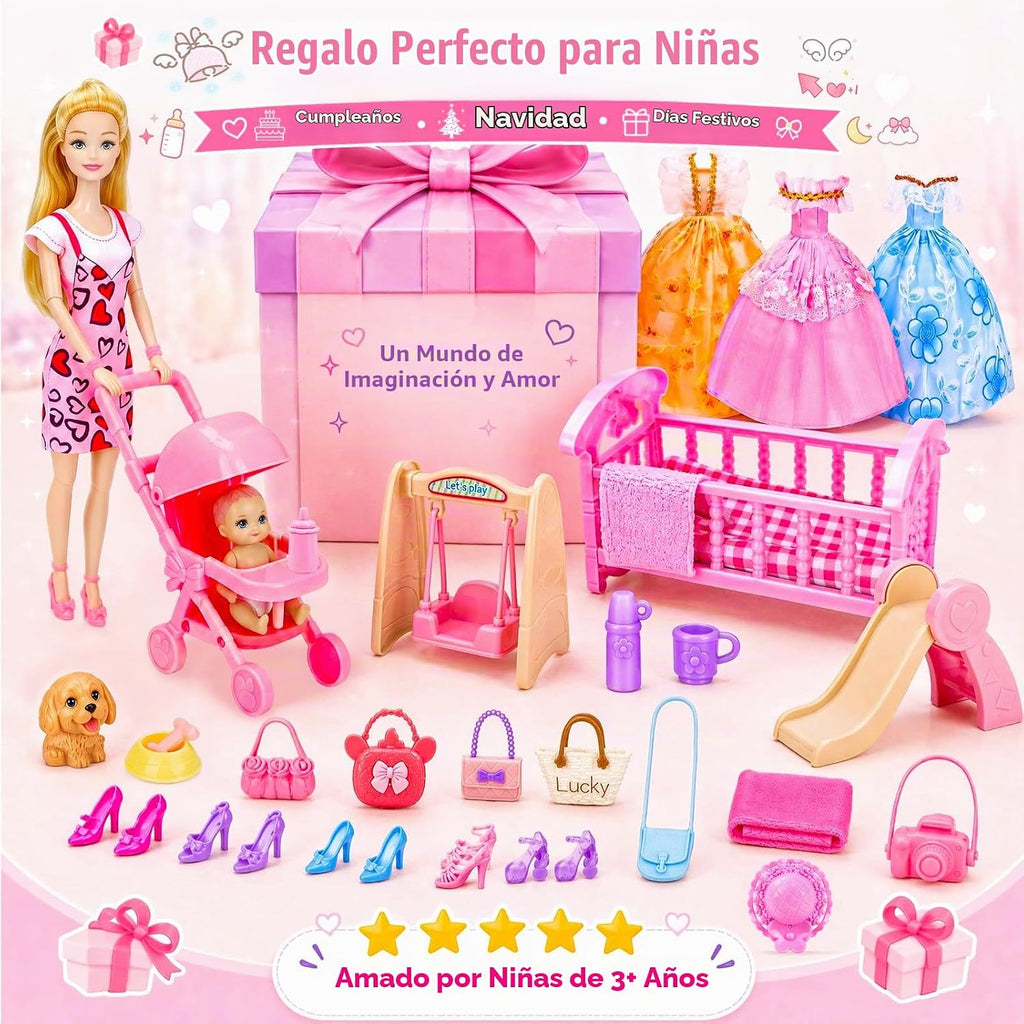 Set de juego de muñecas de 96 piezas con muñeca, ropa y accesorios