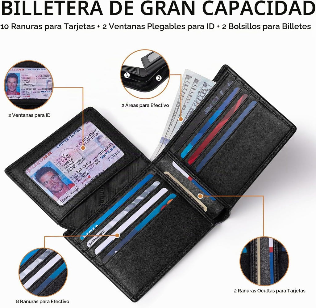 Cartera RUNBOX para Hombre de Cuero con Bloqueo RFID Bifold para Bolsillo Frontal