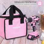 FASTPRO Taladro rosa de 20 V, kit de destornillador inalámbrico con bolsa