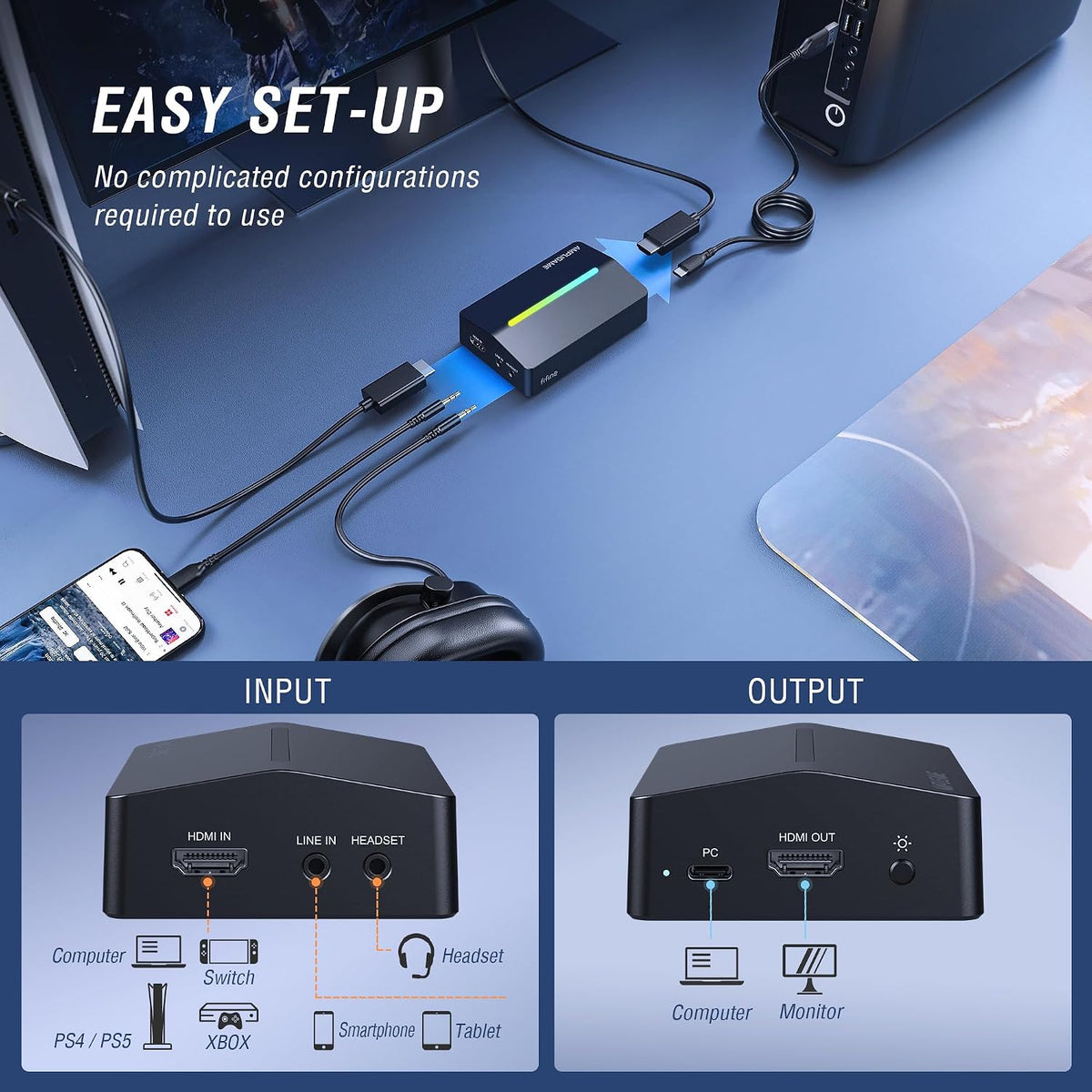 Tarjeta de captura de video Fifine AmpliGame, HD 1080 60fps para audio y video, juegos, transmisión en vivo, tarjeta de captura HDMI 4K a USB compatible con PS4/Windows/Mac OS/Switch/Xbox-V3