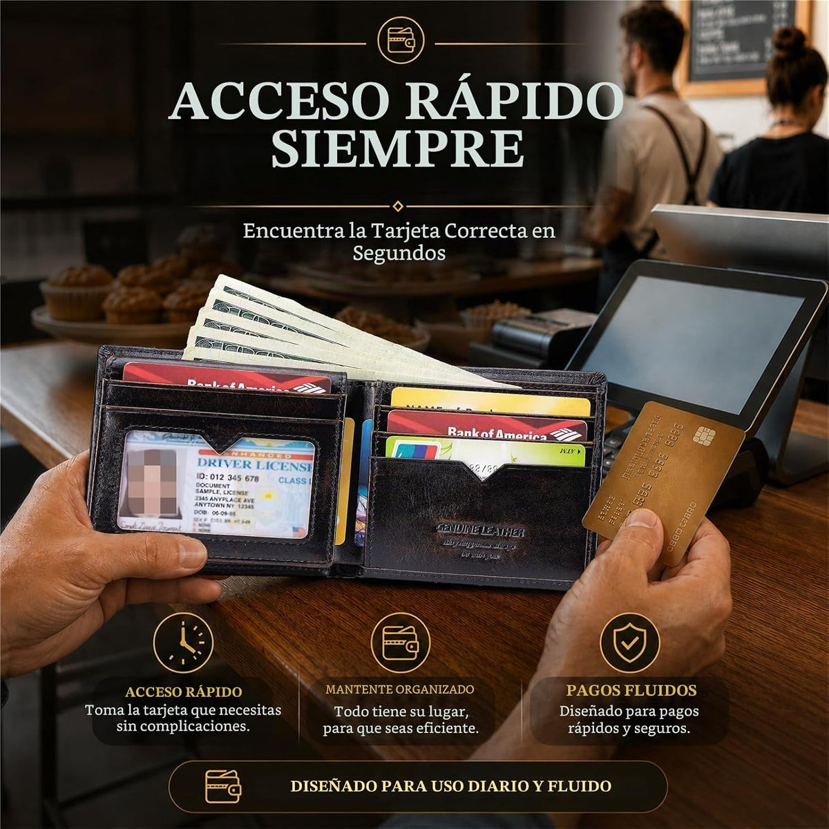 Cartera plegable de cuero de grano superior para hombre, con bloqueo RFID, gran capacidad, espaciosa, 9 ranuras para tarjetas, 2 ventanas para identificación, 2 bolsillos para efectivo