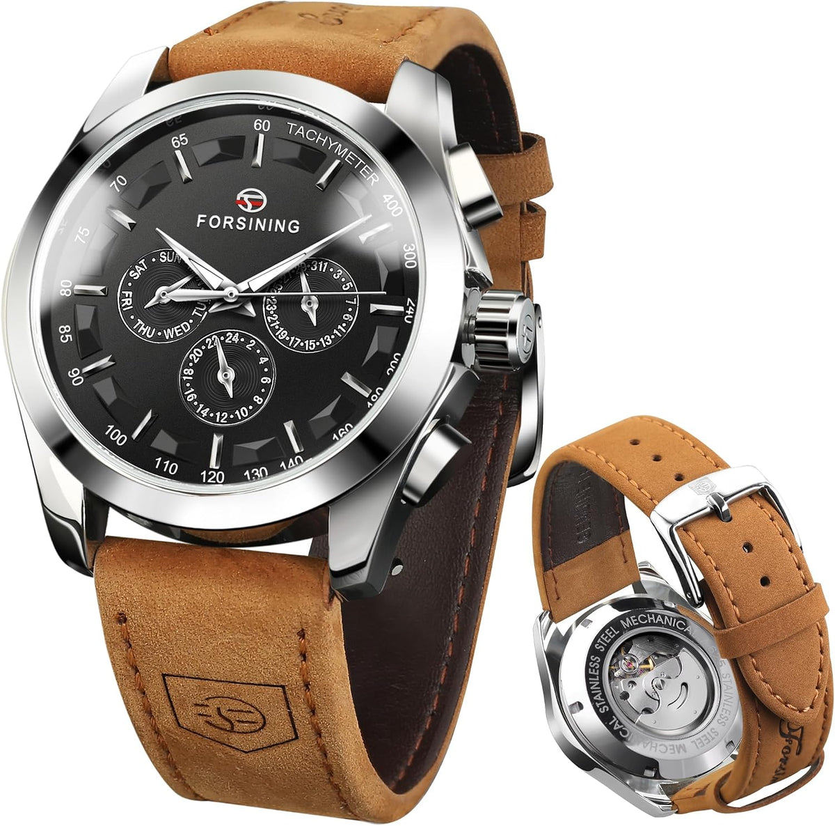 FORSINING Reloj deportivo transparente para hombre, correa de cuero genuino de lujo, reloj esqueleto mecánico automático de moda para hombre