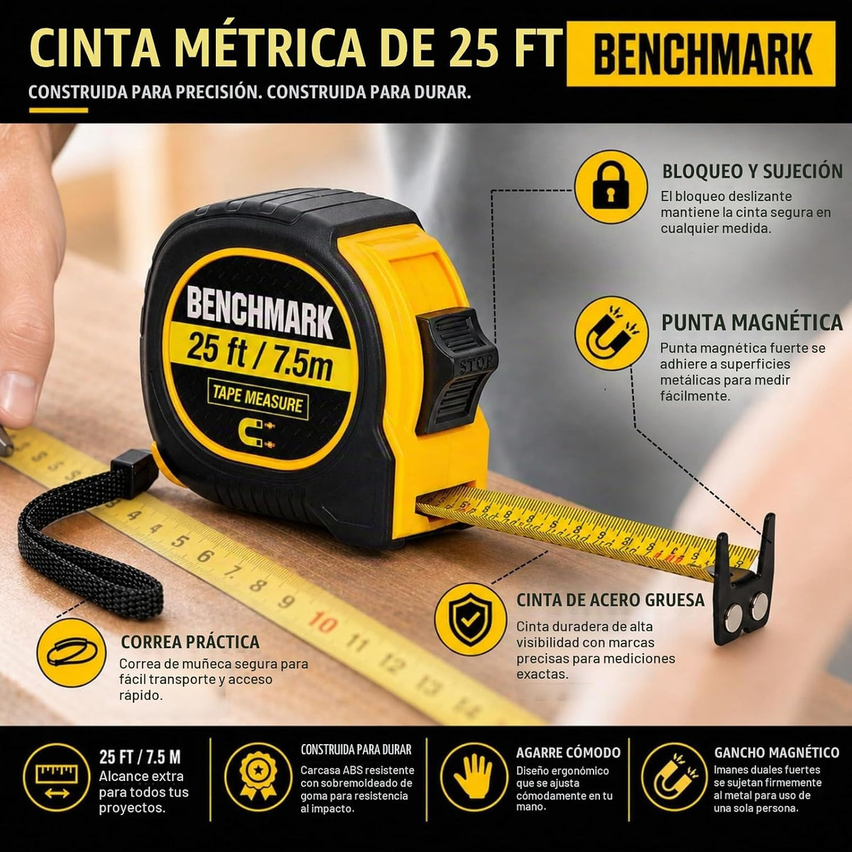 Paquete de 3 – Cinta mide 25 pies / 24.6 ft – Hoja de doble cara con fracciones de fácil lectura a 1/8 de pulgada más centímetros en la parte posterior – Punta magnética – Bloqueo de pulgar – Clip