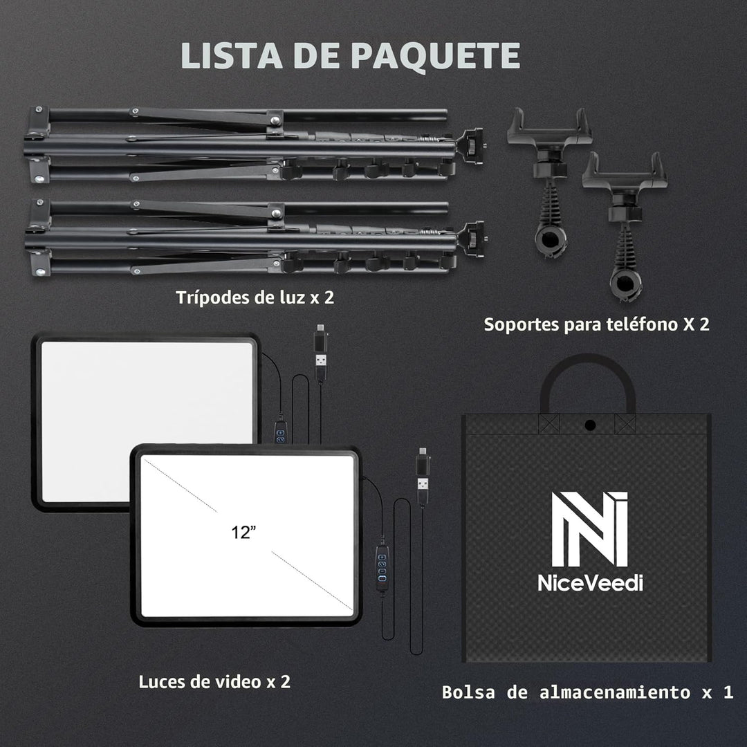 Paquete de 2 luces LED de video, luz NiceVeedi Studio, kit de ilumi...