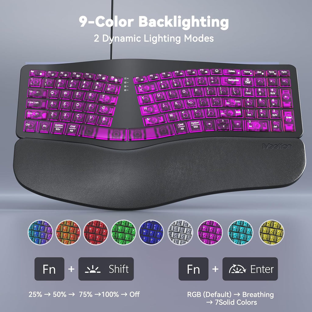 MEETION Teclado ergonómico con cable con teclas retroiluminadas y