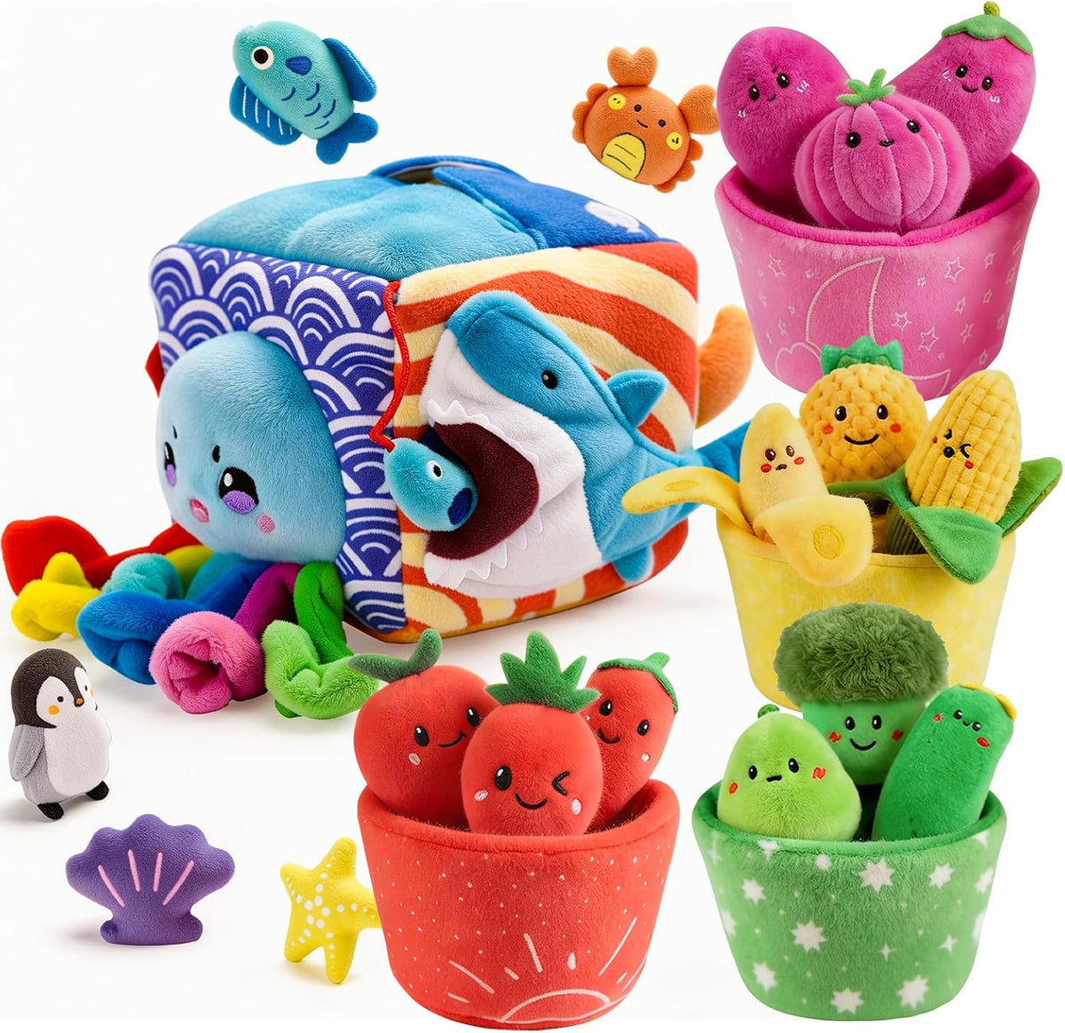 Juguetes para bebés de 6 a 12 meses, juego sensorial Montessori con caja suave misteriosa y 5 animales marinos de felpa + 16 juguetes de clasificación de colores de frutas y verduras con sonajero y