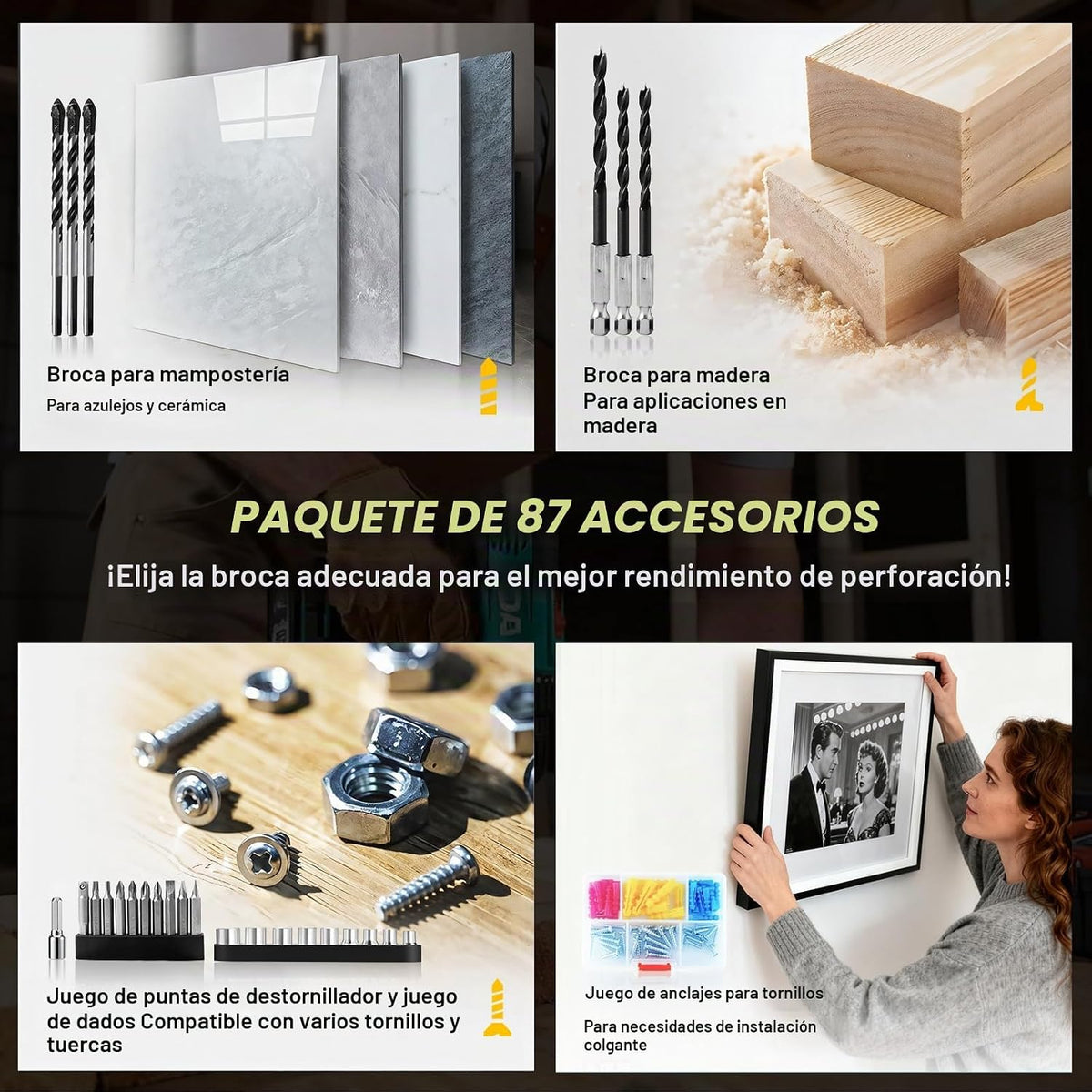 Juego de taladro eléctrico inalámbrico sin escobillas de 21 V con batería de gran capacidad de 4.0 Ah y cargador, taladro eléctrico de metal sin llave de 3/8 pulgadas, ajuste de par 25+1, 2 velocidades, kit de taladro de 87 piezas para proyectos de bricol