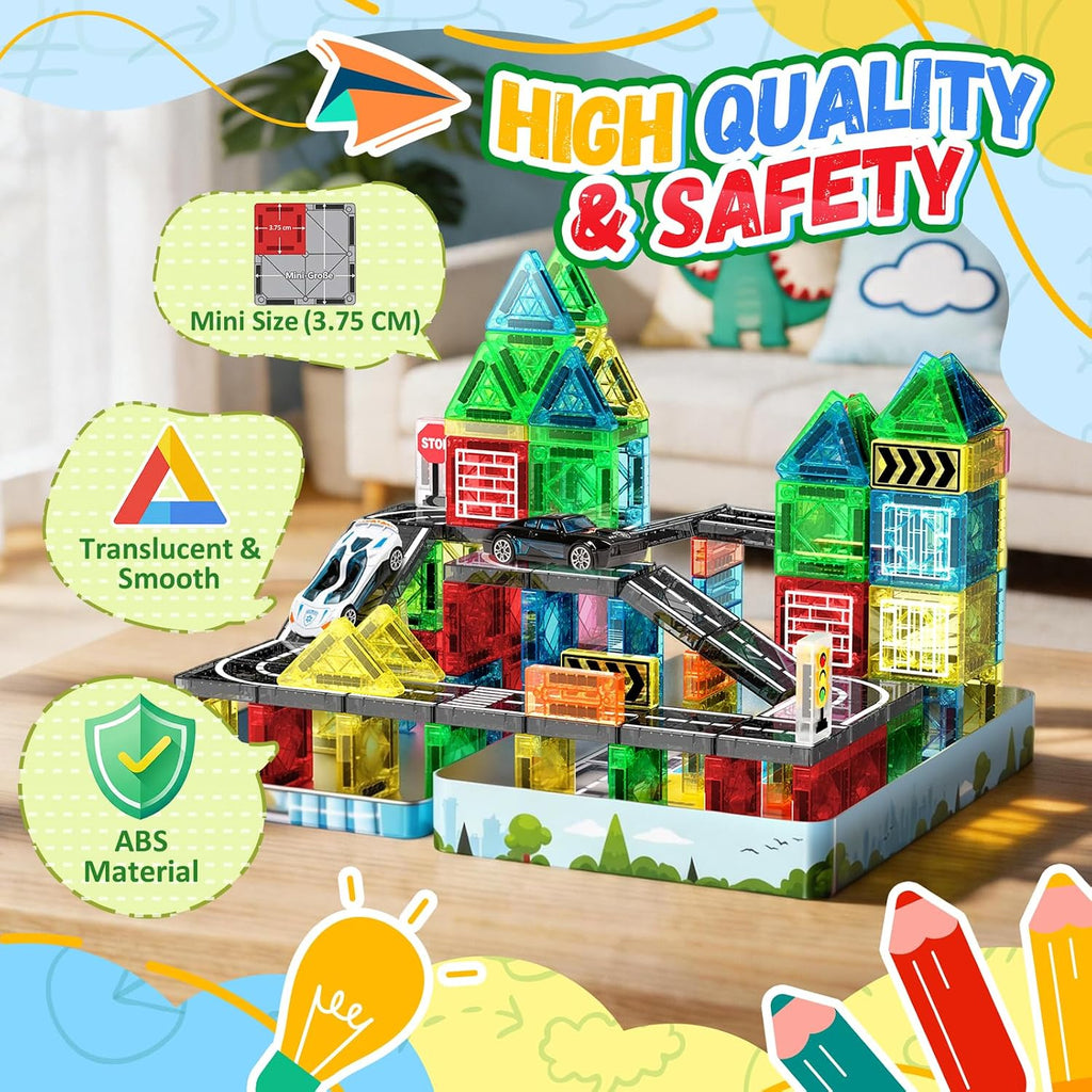Azulejos magnéticos, juego de carretera, bloques de construcción de viaje con 2 autos y caja de metal, mini azulejos magnéticos para exteriores, juguetes de construcción para niños, regalos