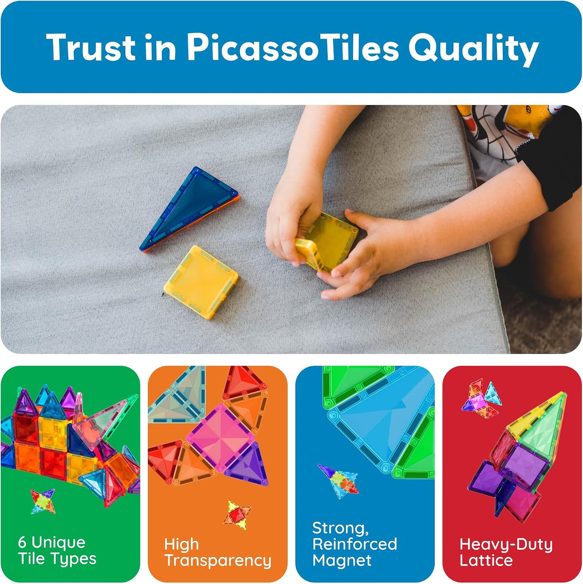 PicassoTiles Juego de 80 piezas de azulejos magnéticos, juego de
