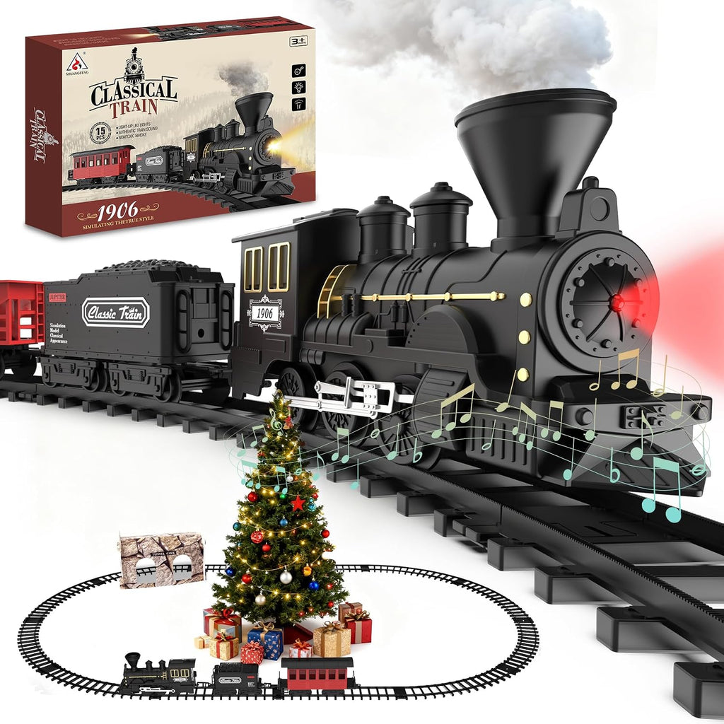 Juego de tren de árbol de Navidad de 15 piezas con humo, sonido y luces, pista elegante y vagones de pasajeros vintage para Navidad, juego de tren para niños de 3 a 8 años, regalos para niños