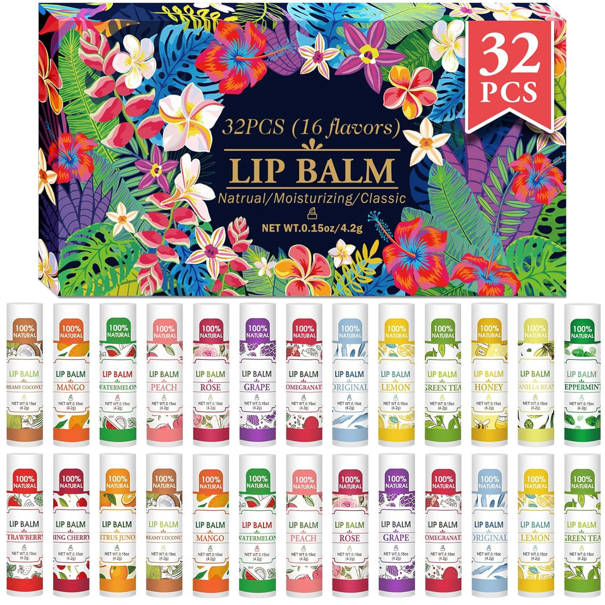 VISRIE Paquete de 32 bálsamos labiales, bálsamo labial natural a gr...