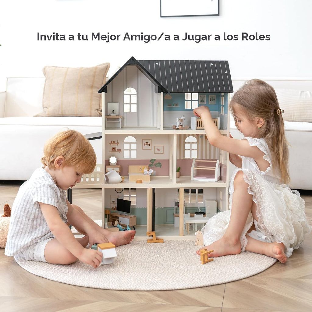 Casa de muñecas de madera para niños, juego de casa de muñecas de juguete de estilo moderno de 6 habitaciones