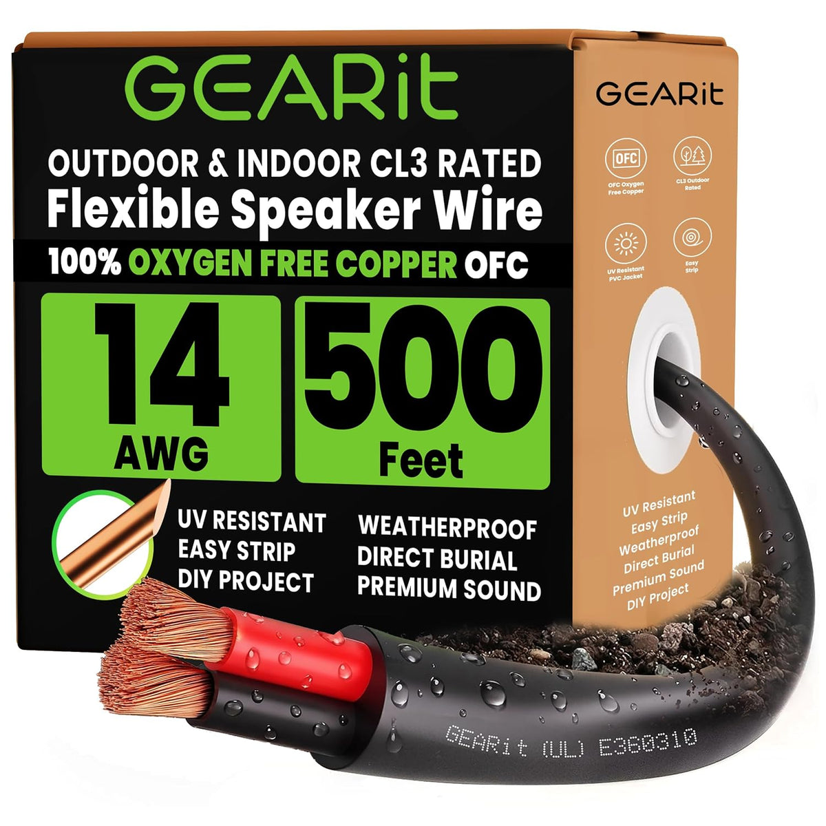 GEARit - Cable para parlante calibre 14, OFC, 500 ft, clasificación UL CL3