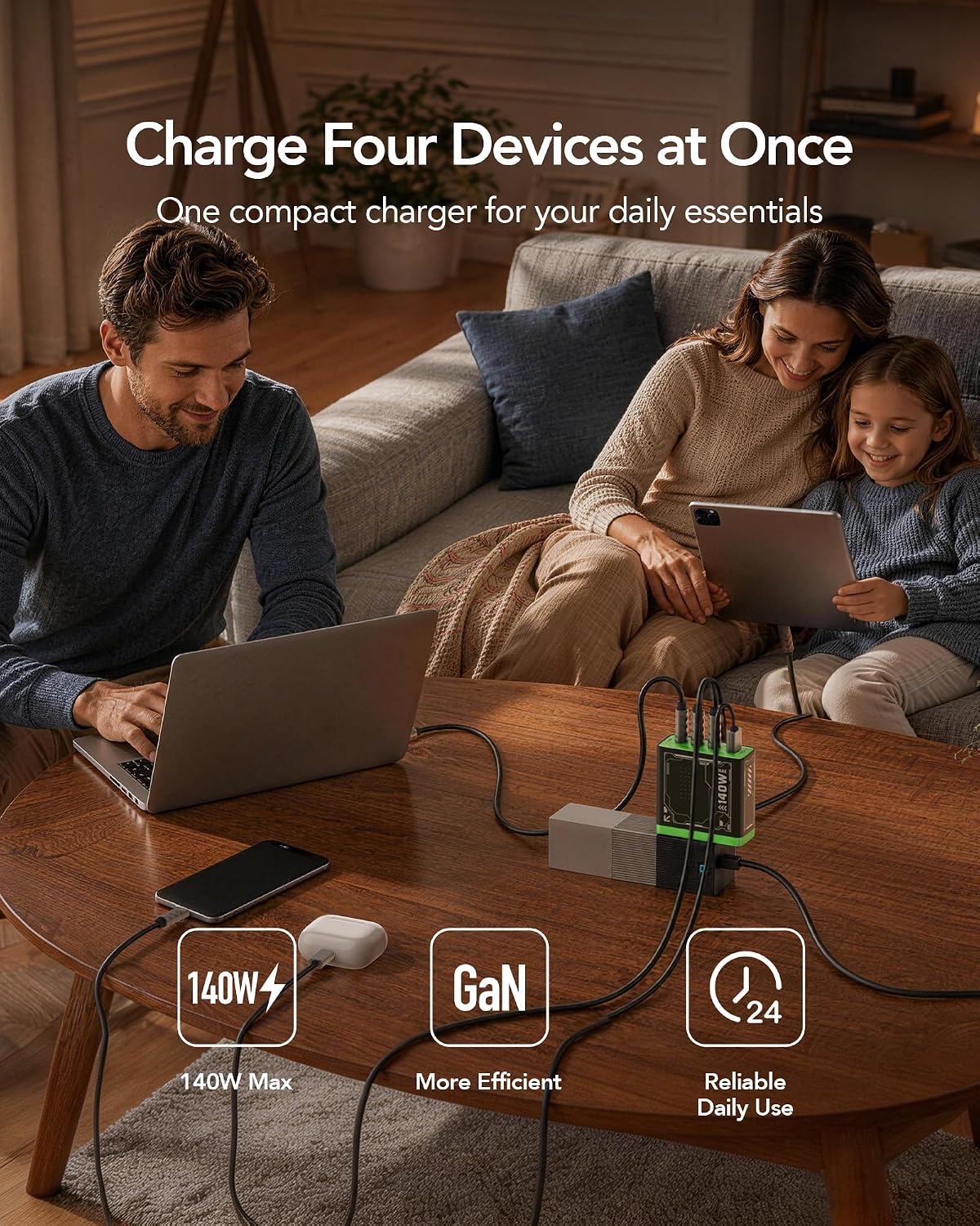 Bloque de cargador USB C de 140 W, cargador para portátil PD 3.1 GaN
