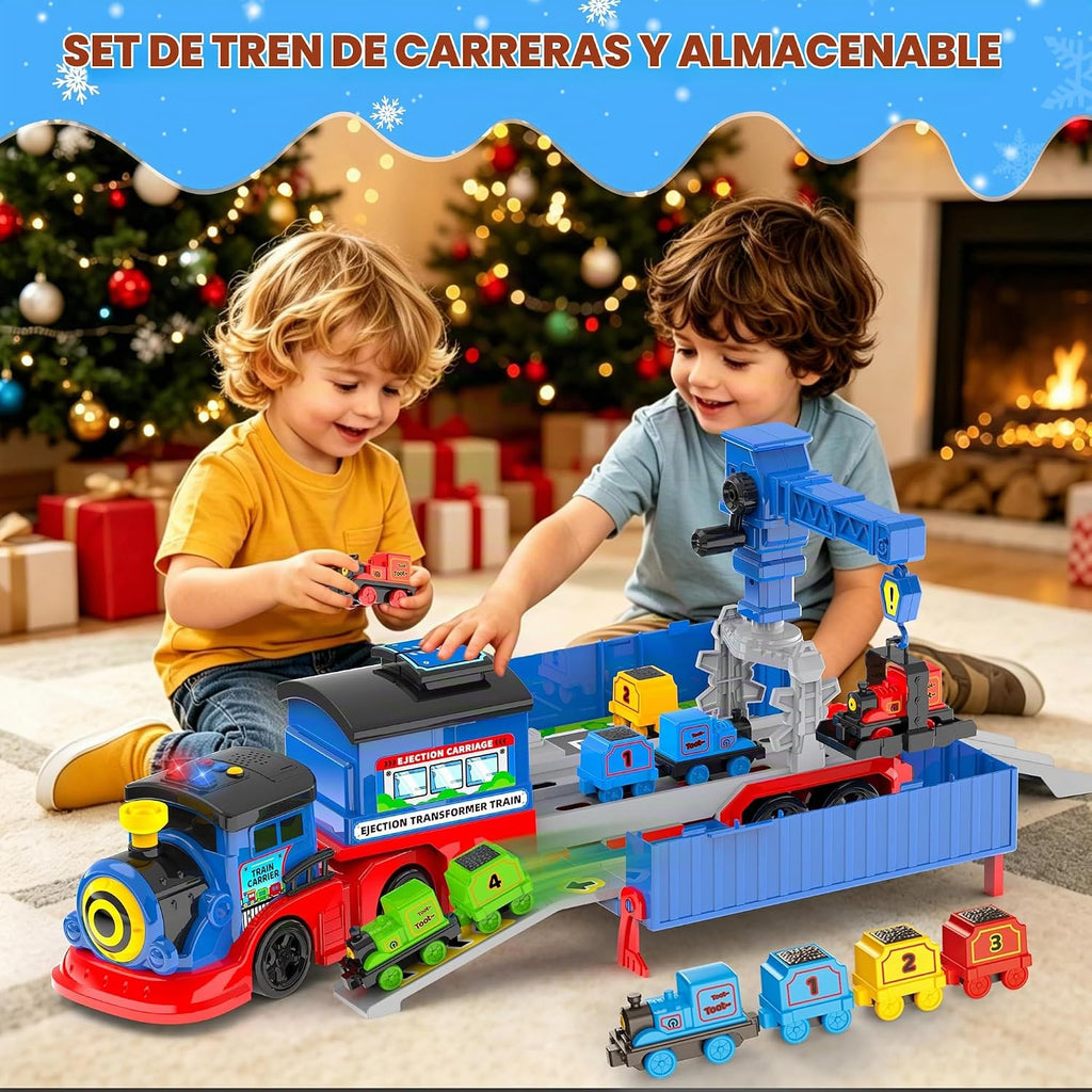Juego de tren de juguete 2 en 1 para niños pequeños, base de tren de catapulta con grúa torre móvil, 8 pequeños trenes magnéticos, efecto de luz y sonido, juguete de camión de expulsión para niños