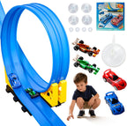 MINDNOOK Juego de pista de carreras flexible de 16 pies para niños, pista de carreras portátil enrollable con 4 autos y ventosas, compatible con autos de juguete fundidos a presión 1:64, regalo para niños y niñas de 4 a 12 años