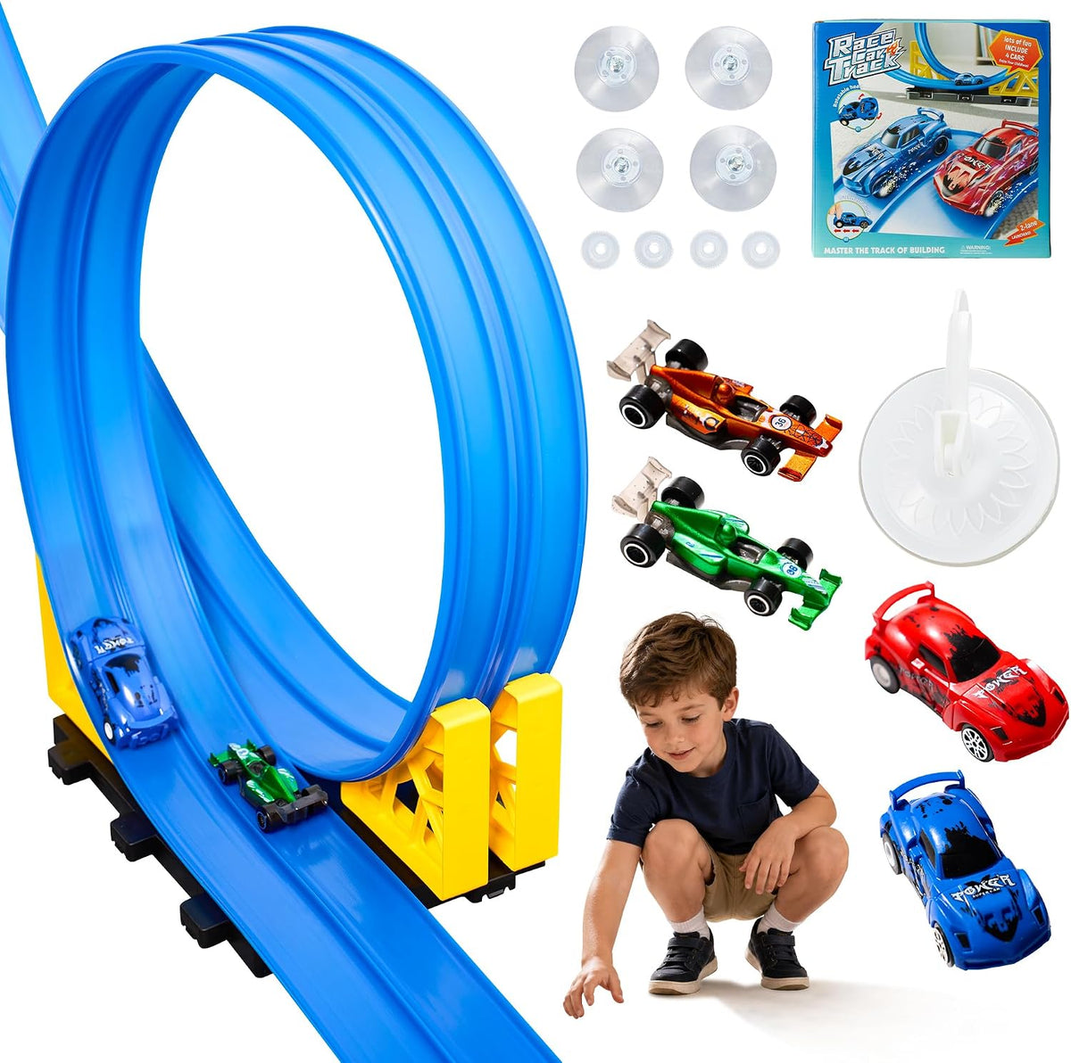 MINDNOOK Juego de pista de carreras flexible de 16 pies para niños, pista de carreras portátil enrollable con 4 autos y ventosas, compatible con autos de juguete fundidos a presión 1:64, regalo para niños y niñas de 4 a 12 años