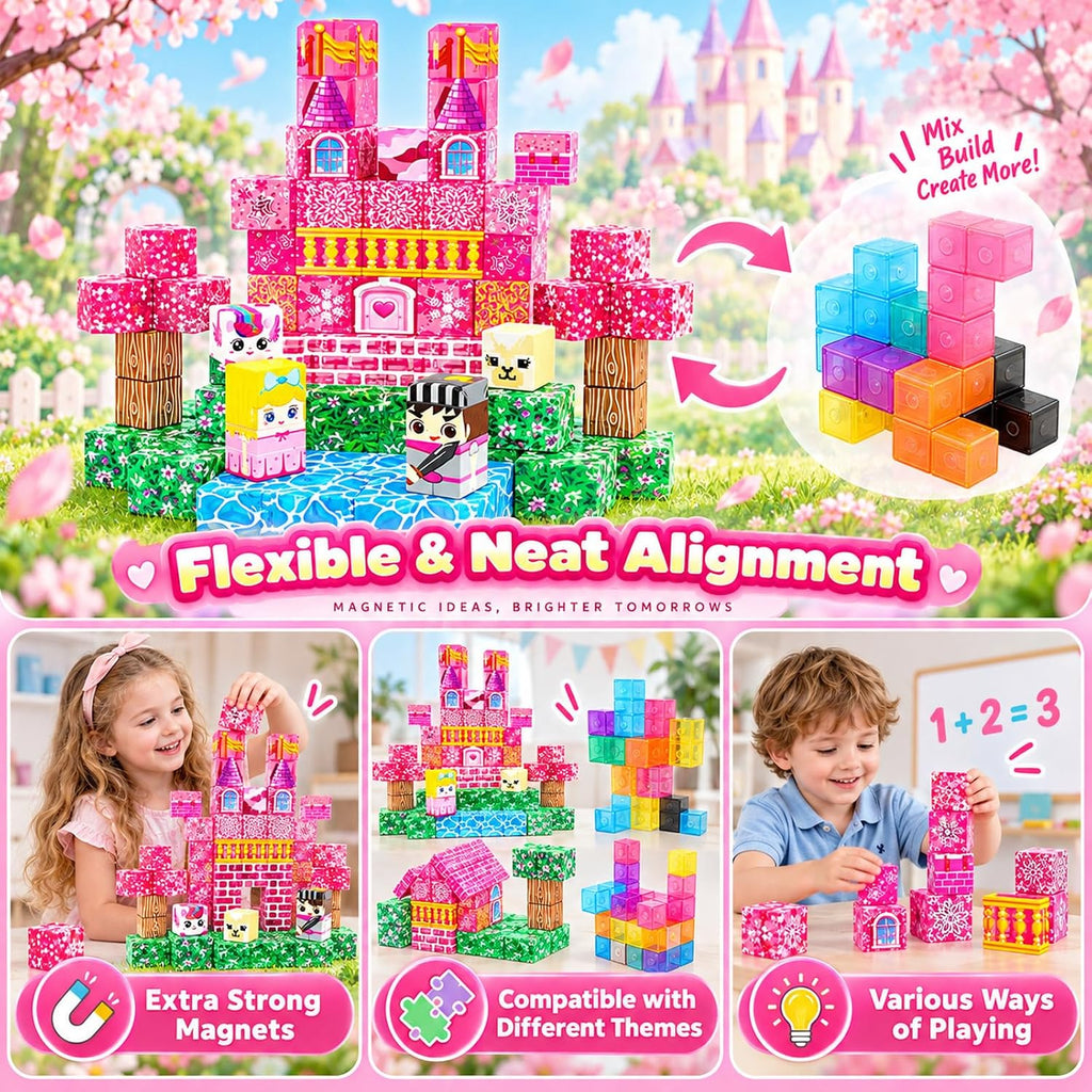 Bloques magnéticos – 100 cubos magnéticos de bloques de construcción, bloques magnéticos transparentes, castillo de princesa, juegos de construcción para niños, juguetes de imanes apilables STEM