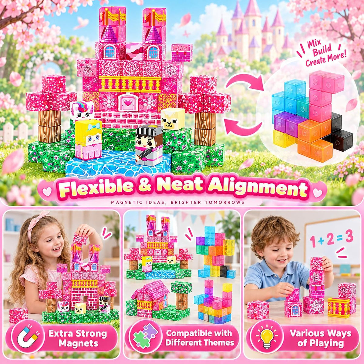 Bloques magnéticos – 100 cubos magnéticos de bloques de construcción, bloques magnéticos transparentes, castillo de princesa, juegos de construcción para niños, juguetes de imanes apilables STEM