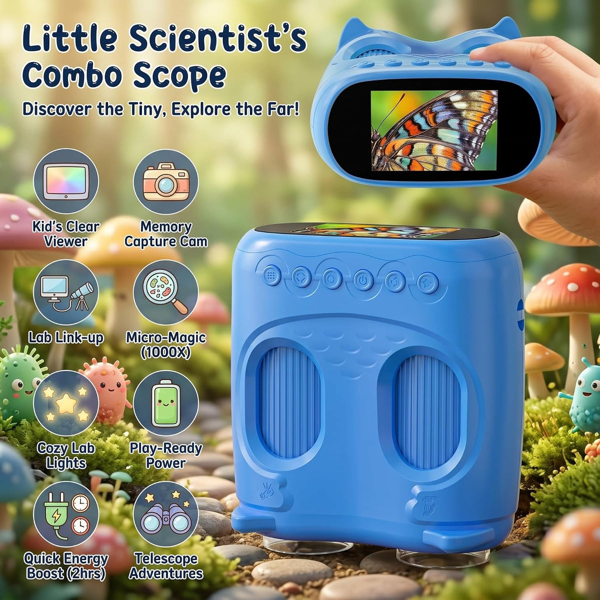 Microscopio y telescopio 2 en 1 para niños, microscopio digital de mano 1000X para niños, pantalla de 2.0 pulgadas, 8 LED, telescopio de bolsillo 10X para exteriores, cámara 1080P, juguetes