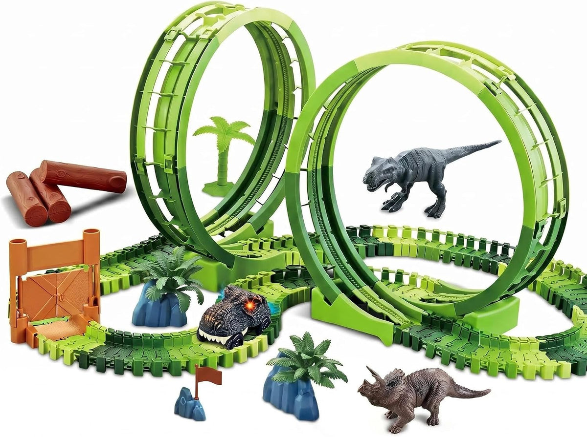 Juguetes de pista de carreras de dinosaurios para niños de 3 a 5 años, juego de pista de autos de dinosaurio de doble bucle, juego de pista de carreras de aventura flexible para niños de 4 a 7 años