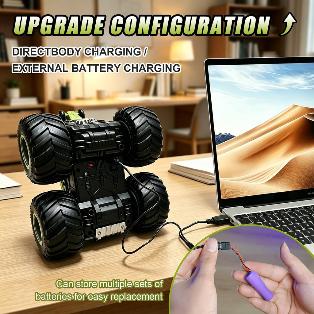 pinkking Monster Truck Toys - Camión de dinosaurio a control remoto con luces, sonido y aerosol, camión RC 1:18 con giros de 360° y derrape, vehículo de control remoto 4WD con carga USB Type-C para niños