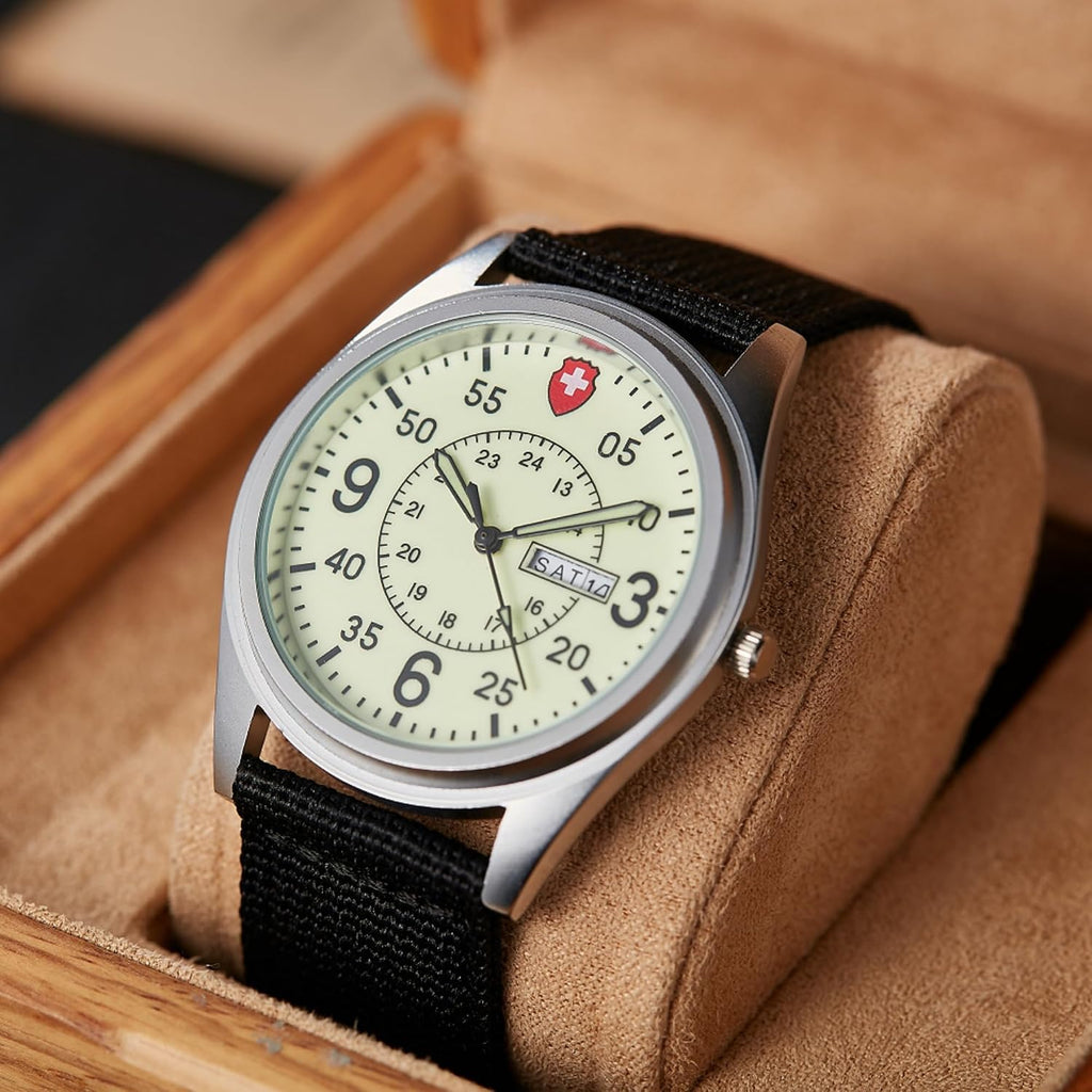 Reloj de cuarzo de campo militar para hombre, esfera luminosa, correa de nailon, reloj de pulsera analógico con pantalla de fecha de día, 3ATM impermeable táctico deportivo casual reloj para