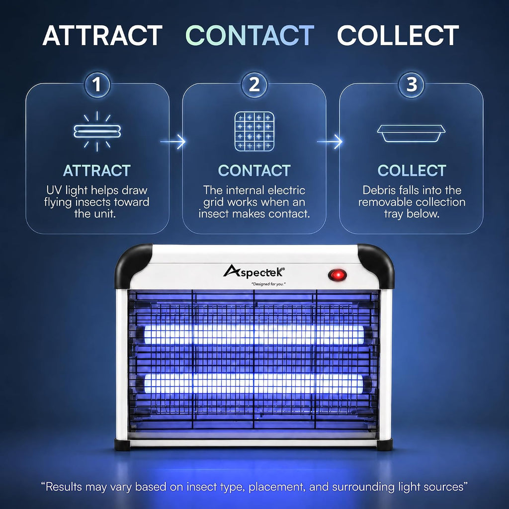 ASPECTEK Exterminador de insectos eléctrico de 20 W, mata insectos para interiores y exteriores cubiertos, trampa para mosquitos, moscas y polillas con malla protectora y cadena colgante para una