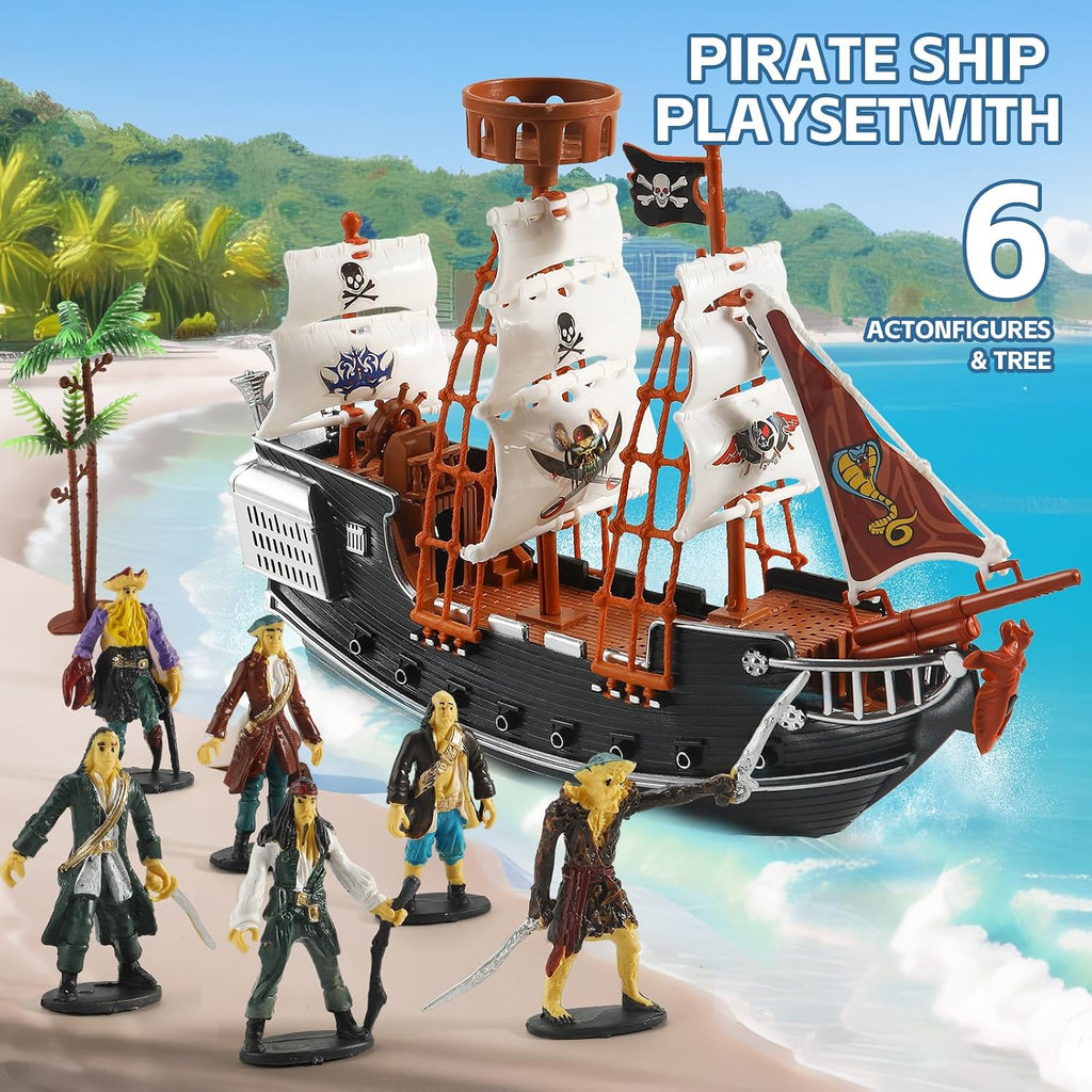 Figuras de acción pirata, juego de barco pirata, juguetes de simulación de barco pirata con 6 figuras de acción y árbol, juguete de juego para niños, juguetes educativos de aprendizaje con figuras