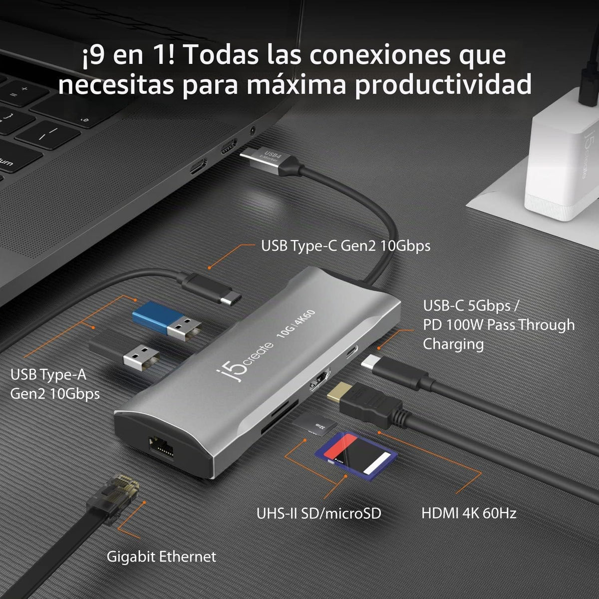 j5create Estación de acoplamiento para laptop, 9 en 1, 4K60Hz HDMI, USB-C