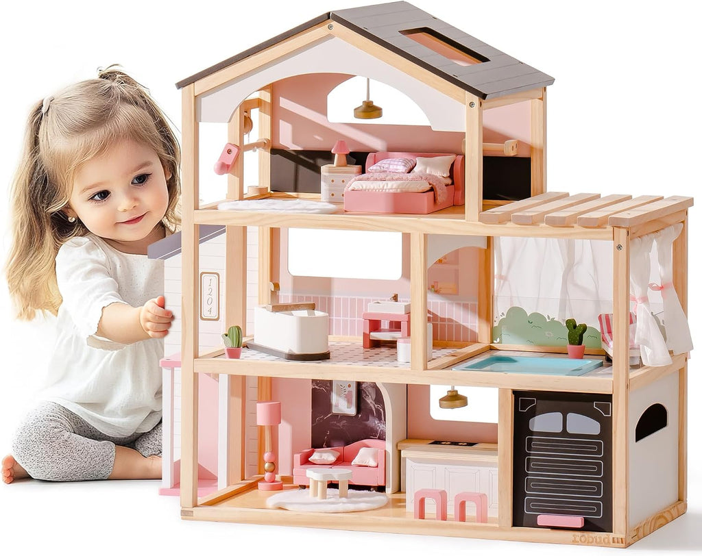 ROBUD Casa de Muñecas, Casa de Muñecas de Madera con 6 Habitaciones, Set de Muebles de 29 Piezas, Ascensor Funcional, Garaje, Piscina, Regalo Ideal para Niños de 3+ Años (Negro)