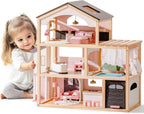 ROBUD Casa de Muñecas, Casa de Muñecas de Madera con 6 Habitaciones, Set de Muebles de 29 Piezas, Ascensor Funcional, Garaje, Piscina, Regalo Ideal para Niños de 3+ Años (Negro)