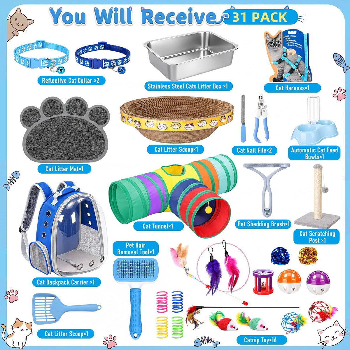 Kit de inicio de gatito de 31 piezas para interiores, color azul
