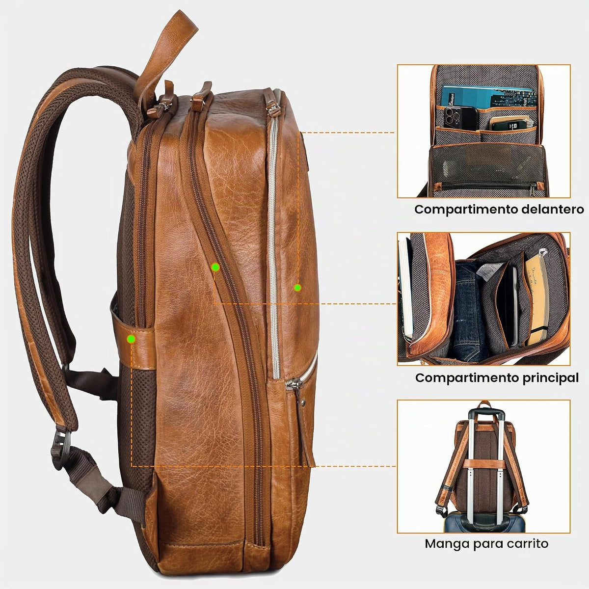 LEATHER VILLAGE Mochila de cuero para computadora portátil para hombres con correa de carretilla 16L Slim