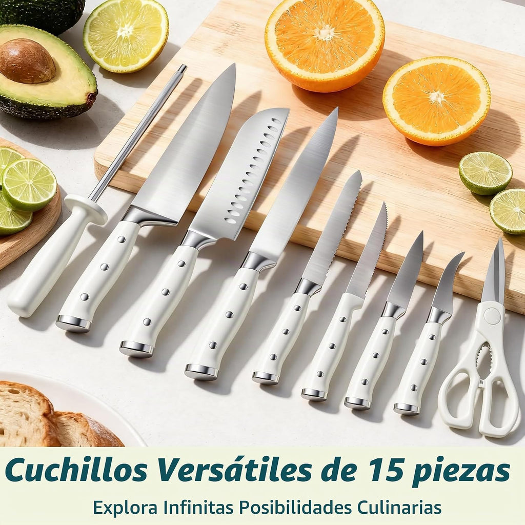 Juego de cuchillos de cocina de acero inoxidable de alto carbono de alta calidad, afilado, mango ergonómico forjado triple remache, juego de cuchillos profesional para cocina, apto para lavavajillas (blanco)