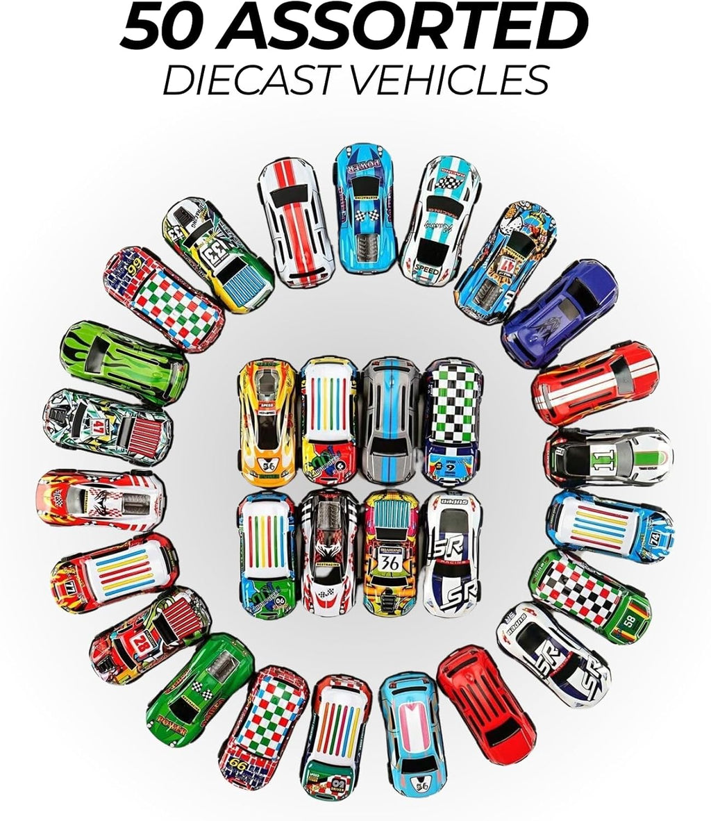Liberty Imports Paquete de 50 autos de carreras para niños, a escala 1:64, vehículos de carreras de metal a granel en cubo de almacenamiento, recuerdos de fiesta, bolsas de regalo, premios de aula para niños y niñas pequeños