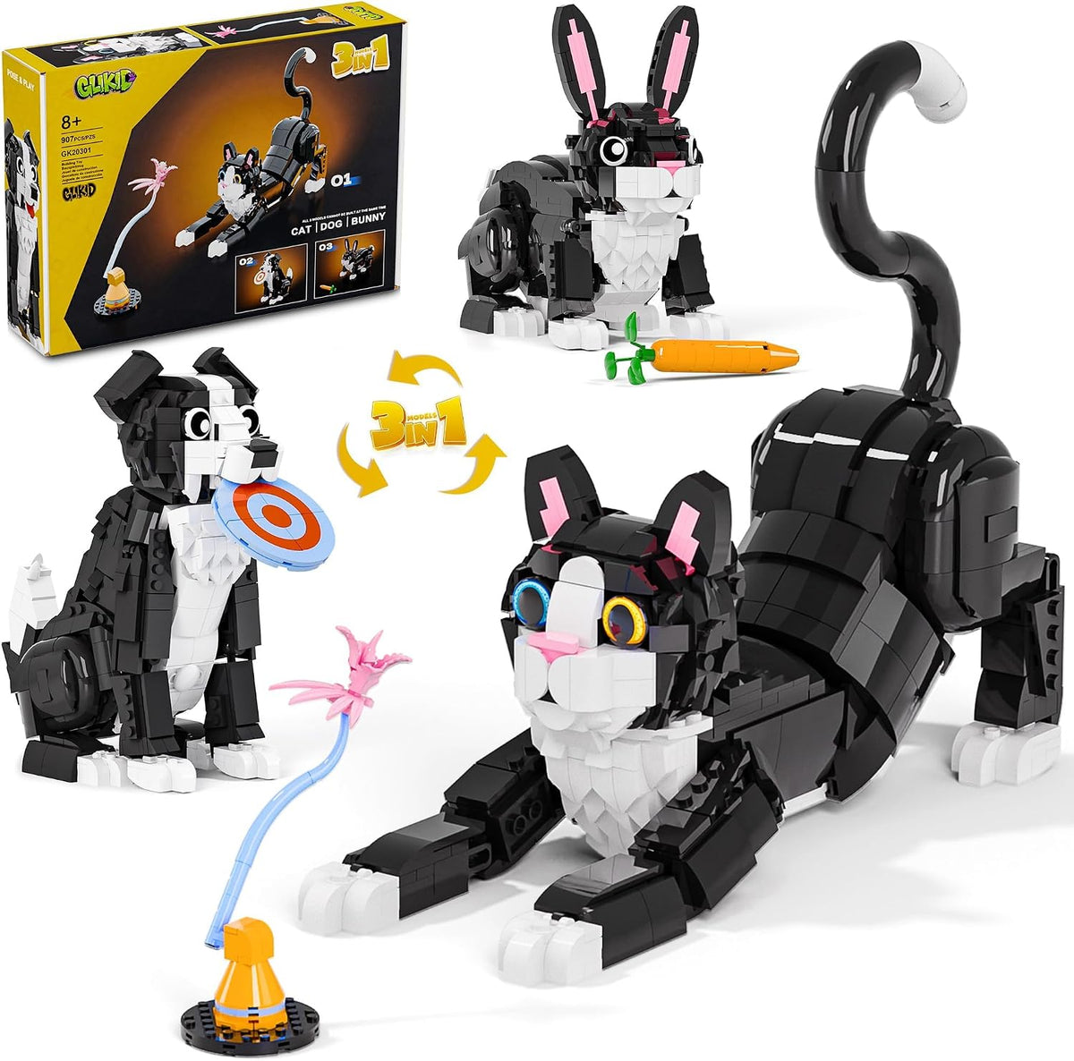 Juego de construcción de gato esmoquin 3 en 1, construye un gato, perro o conejo