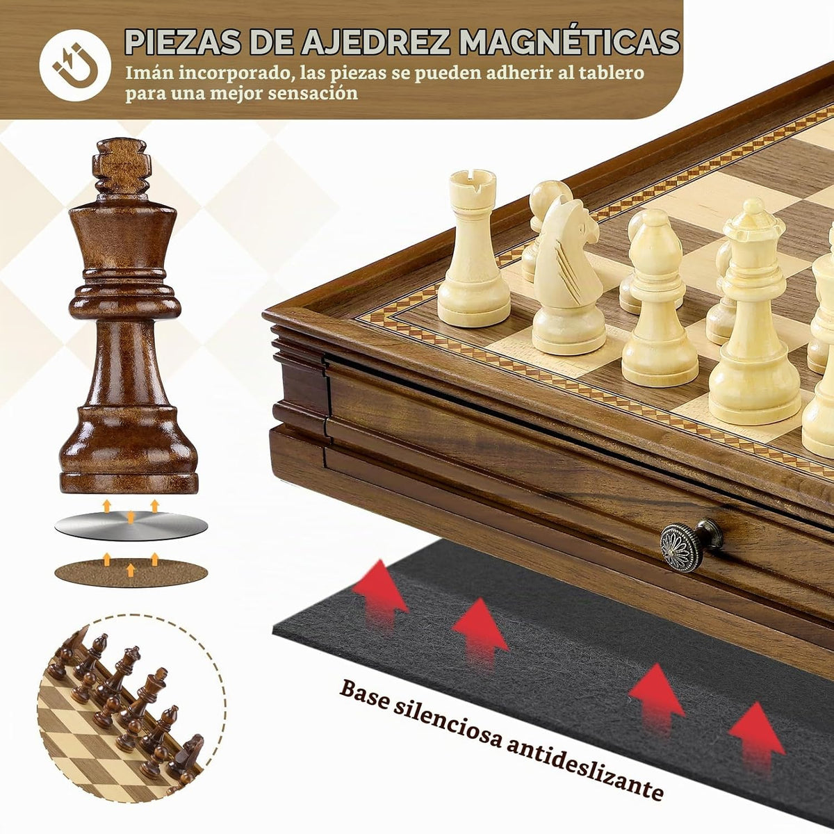 Peradix - Juego de ajedrez magnético y damas de 15 pulgadas con 2 cajones