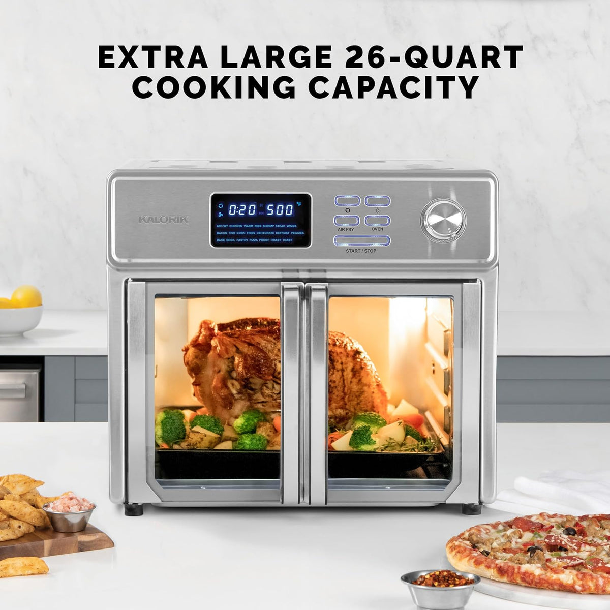 Kalorik MAXX - Horno freidora de aire, 26 cuartos de galón, tostador de encimera 10 en 1 y freidora de aire combo - Freír, hornear, asar, asador giratorio, y más, grandes puertas francesas de vidrio y