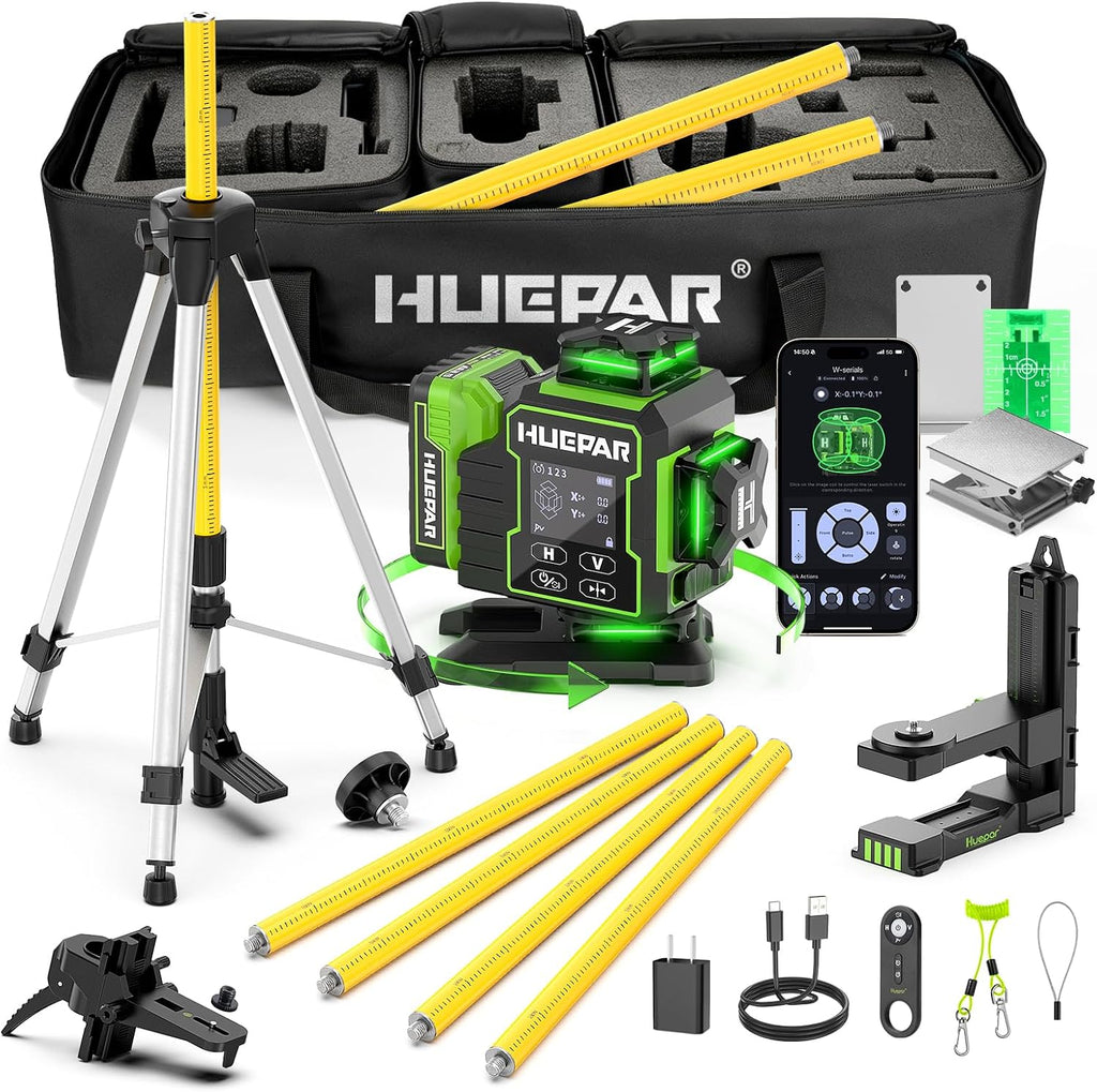 Huepar Nivel láser 4D W04CG con poste de 12 pies, kit láser verde de 360°