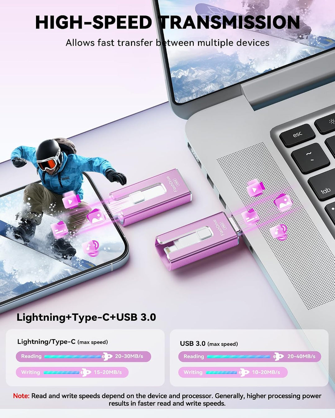 Unidad flash con certificación MFi para iPhone iPad de 256 GB, barr...