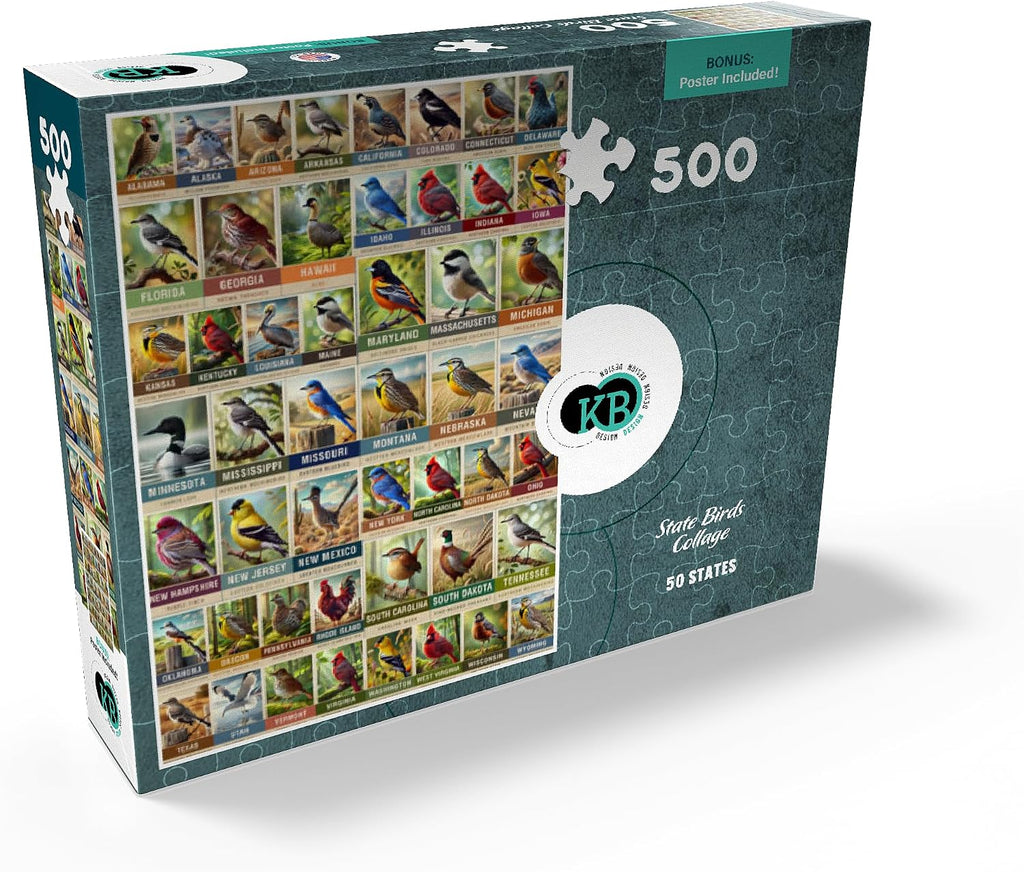 MyPuzzle State Birds Series: 50 State Birds Collage, Vol.1 - Rompecabezas premium de 500 piezas para adultos